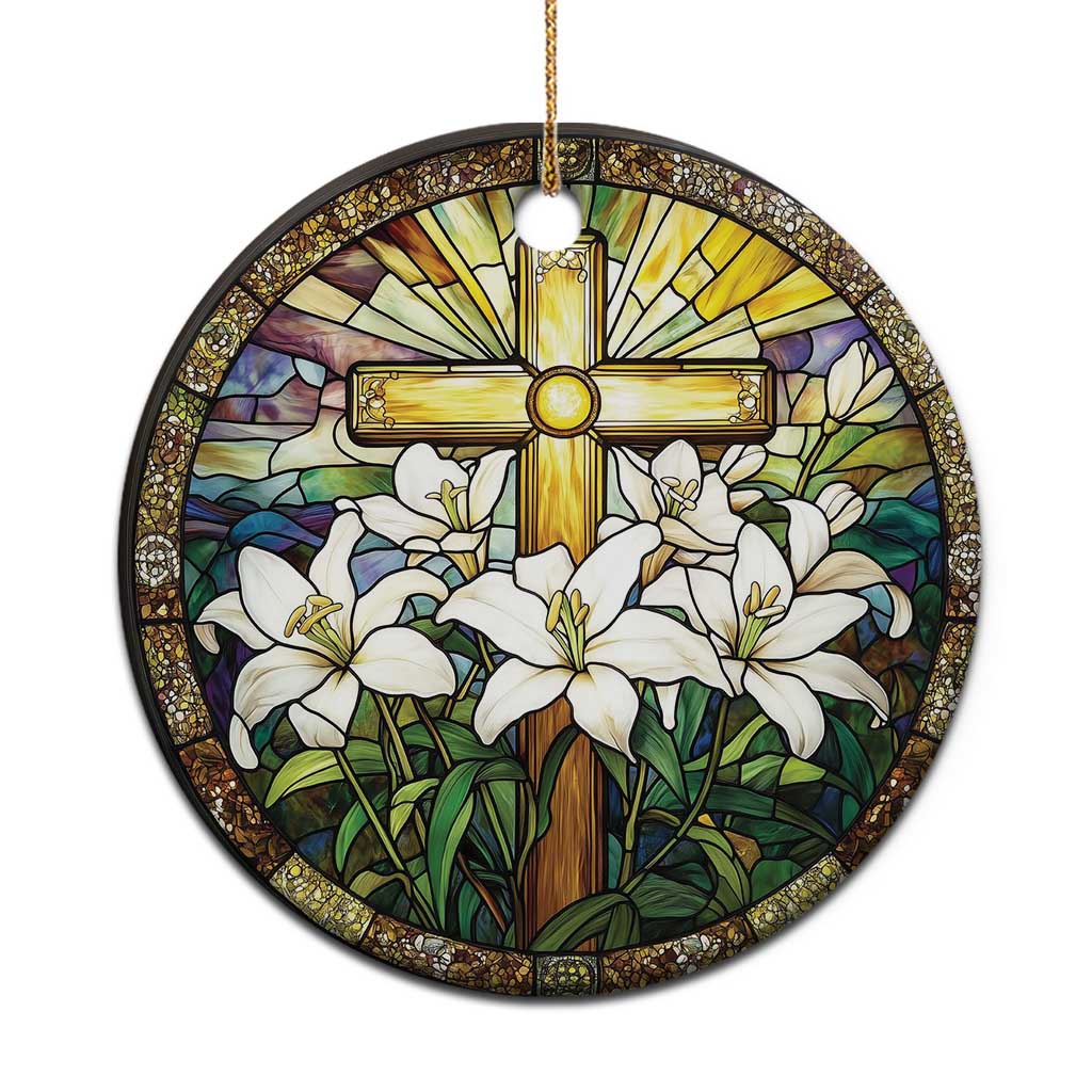 Yellow stained-glass style round ornament with gold cross and white flowers
