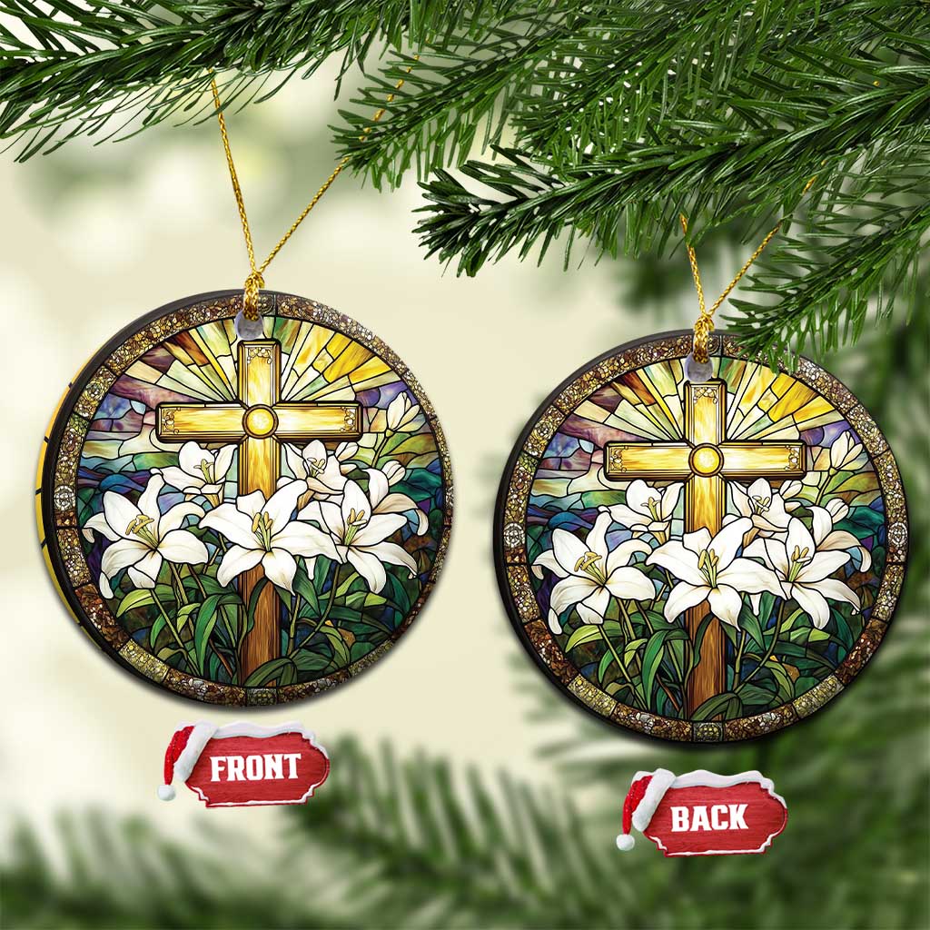 Pair of round gold-cross ornaments with white flowers; FRONT and BACK tags shown