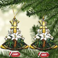 Pair of bell-shaped stained-glass style cross ornaments with white lilies; FRONT BACK