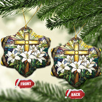 Two heart-shaped gold-cross ornaments with white flowers; FRONT and BACK tags
