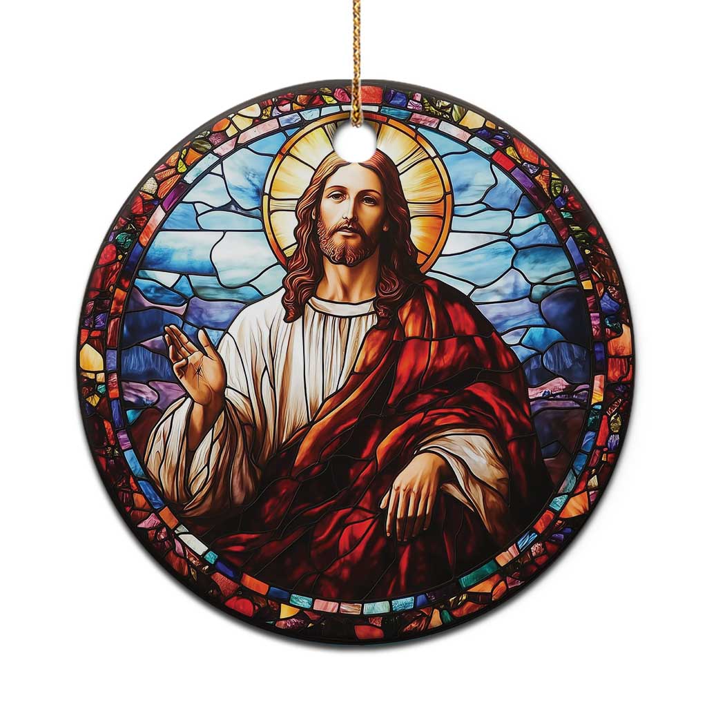 Round Christian Jesus ornament with stained-glass style portrait and gold hanging cord