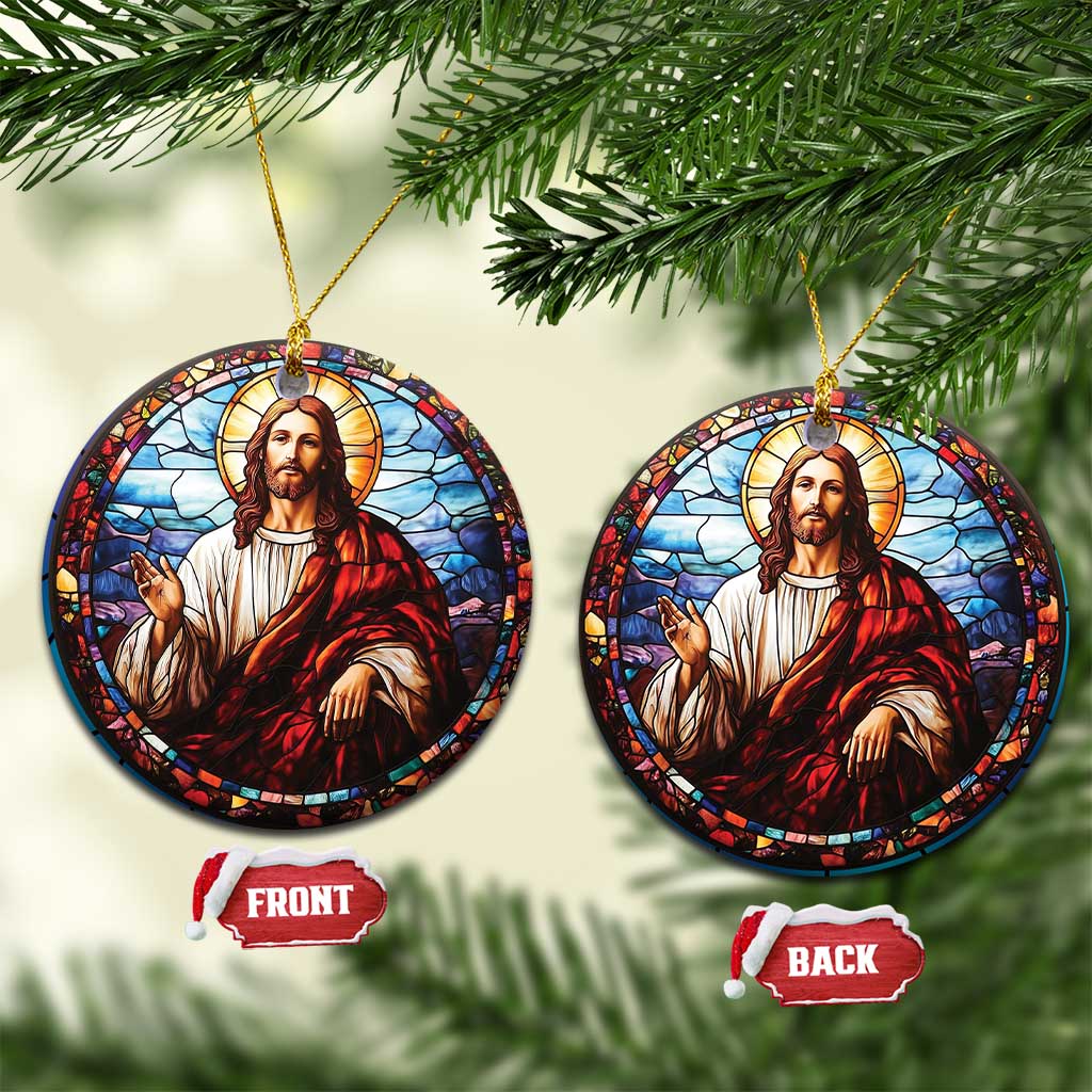 Two round Jesus ornaments with stained-glass portrait, gold cords, front and back tags