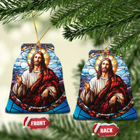Two blue Jesus ornaments with stained-glass portrait, gold cords, front and back tags