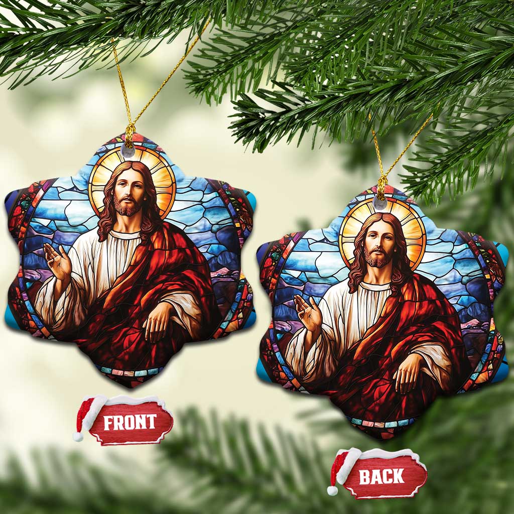 Two heart-shaped Jesus ornaments with stained-glass portrait and gold hanging cords