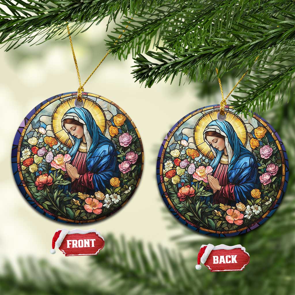 Set of circular Christian Christmas ornaments with Mary in blue robe among colorful flowers, gold loops