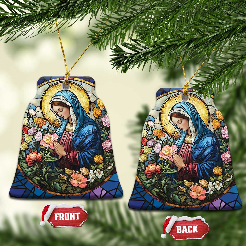 Pair of Christian Christmas ornaments shaped like a circle, Mary in blue robe with flowers, gold loops