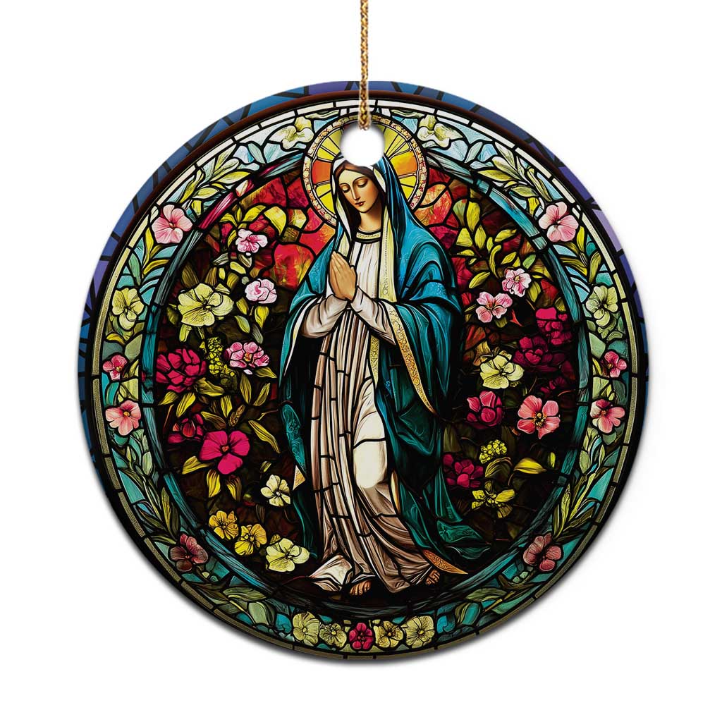 Round stained-glass style Mary ornament with colorful floral border and hanging gold cord