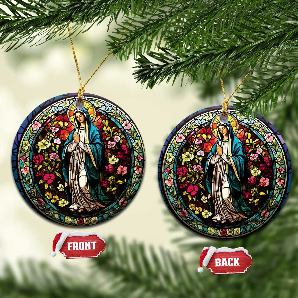 Pair of round Mary ornaments with gold hooks, floral stained-glass design, front and back tags