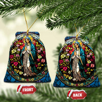 Two shield-shaped Mary ornaments with gold hooks, floral stained-glass design, front and back