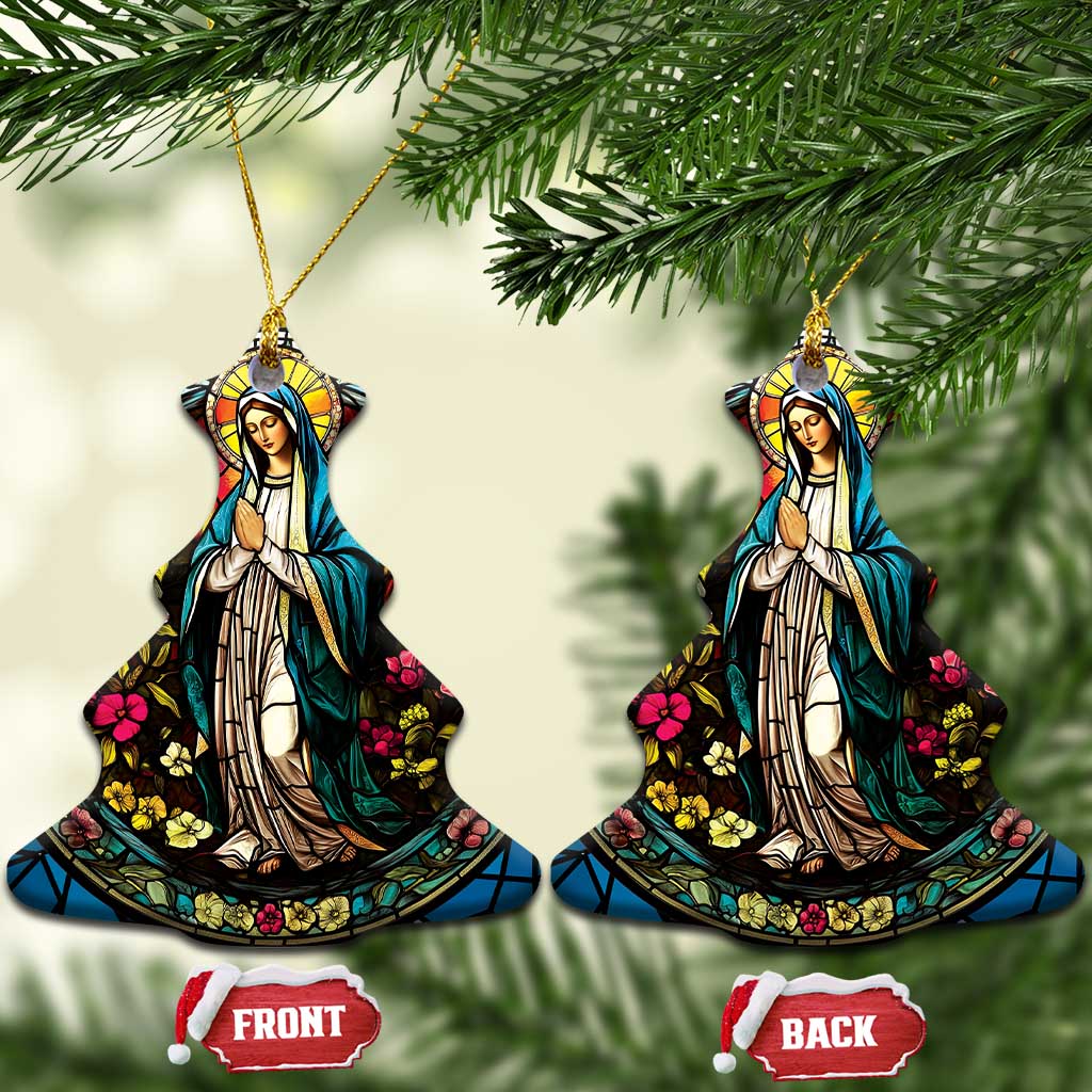 Pair of bell-shaped Mary ornaments with gold hooks and colorful floral stained-glass design