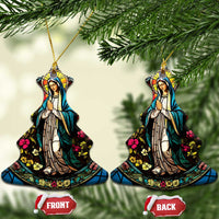 Pair of bell-shaped Mary ornaments with gold hooks and colorful floral stained-glass design
