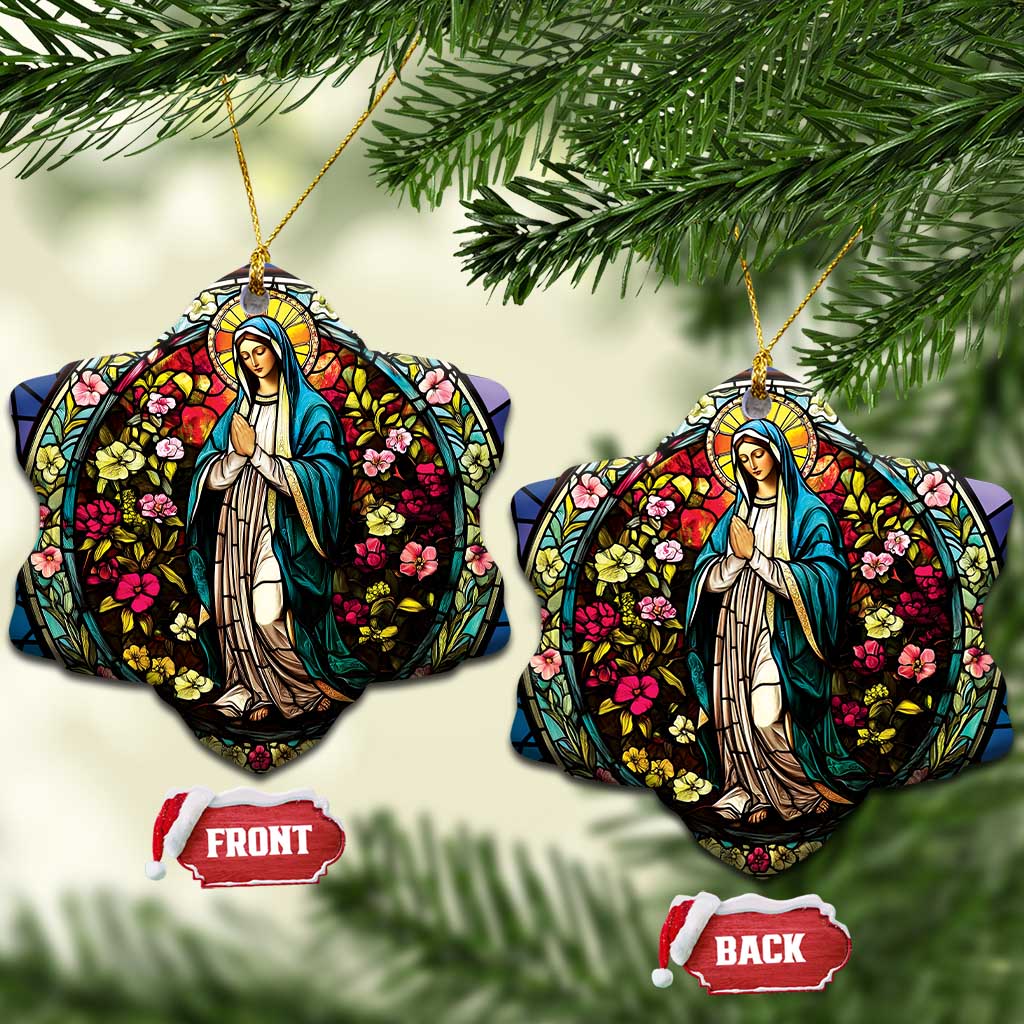 Two heart-shaped Mary ornaments with gold hooks, colorful floral stained-glass design, front/back