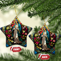 Two star-shaped Mary ornaments with gold hooks and colorful floral stained-glass artwork