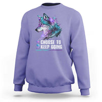 Lavender sweatshirt with wolf graphic and 'CHOOSE TO KEEP GOING' front print