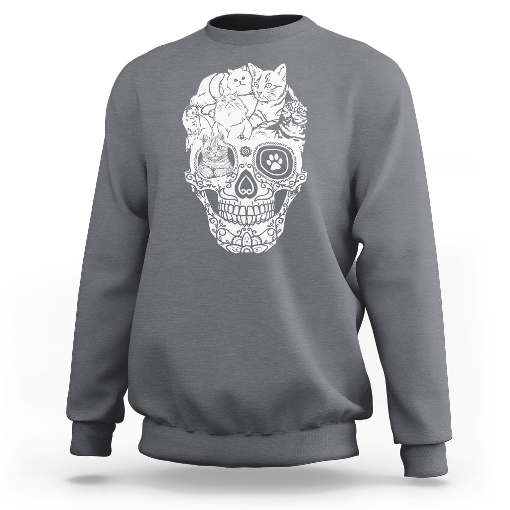 Charcoal cat and skull graphic sweatshirt, crewneck long sleeve hoodie-style.