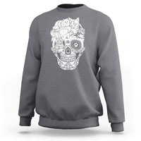 Charcoal cat and skull graphic sweatshirt, crewneck long sleeve hoodie-style.