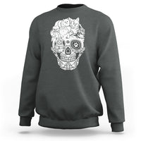 Dark heather gray cat and skull graphic sweatshirt, crewneck long sleeve hoodie-style.
