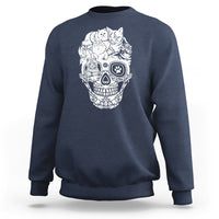 Navy cat and skull graphic sweatshirt, crewneck long sleeve hoodie-style.