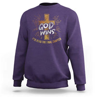 Purple Christian sweatshirt with cross and "God Wins" front graphic