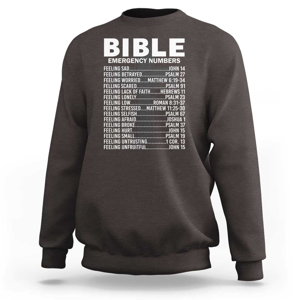 Bible emergency number sweatshirt in dark chocolate with white front BIBLE graphic