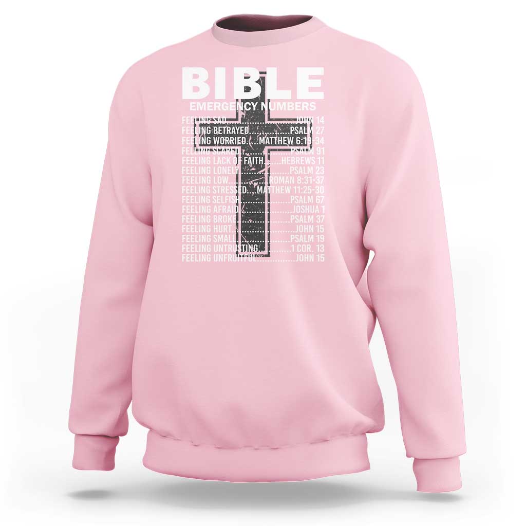 Bible emergency number sweatshirt in light pink with white front BIBLE graphic