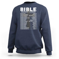 Bible emergency number sweatshirt in navy with white front BIBLE graphic
