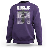 Bible emergency number sweatshirt in purple with white front BIBLE graphic
