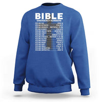 Bible emergency number sweatshirt in royal blue with white front BIBLE graphic