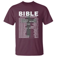 Maroon crew-neck T-shirt with “BIBLE” emergency numbers text graphic.