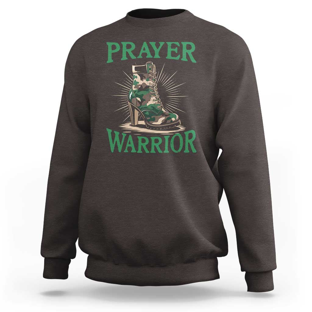 Dark chocolate crewneck sweatshirt with 'PRAYER WARRIOR' graphic, long sleeves, ribbed cuffs