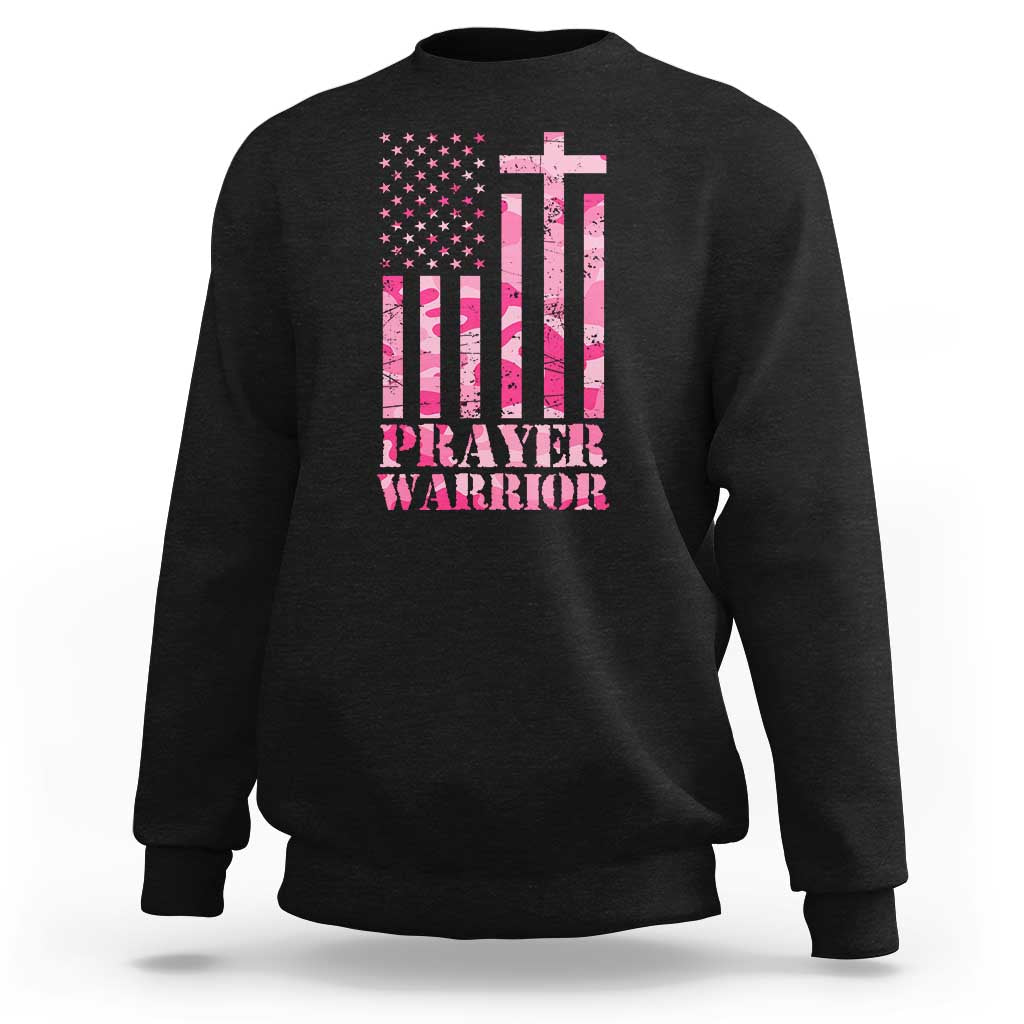 Black prayer warrior sweatshirt with American flag graphic, cross, and 'PRAYER WARRIOR' text.