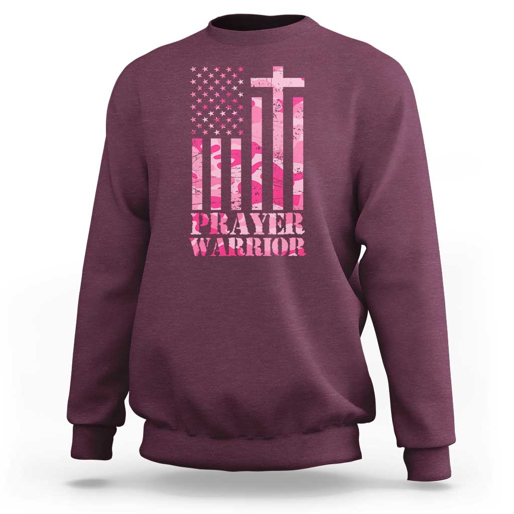 Maroon prayer warrior sweatshirt with American flag graphic, cross, and 'PRAYER WARRIOR' text.