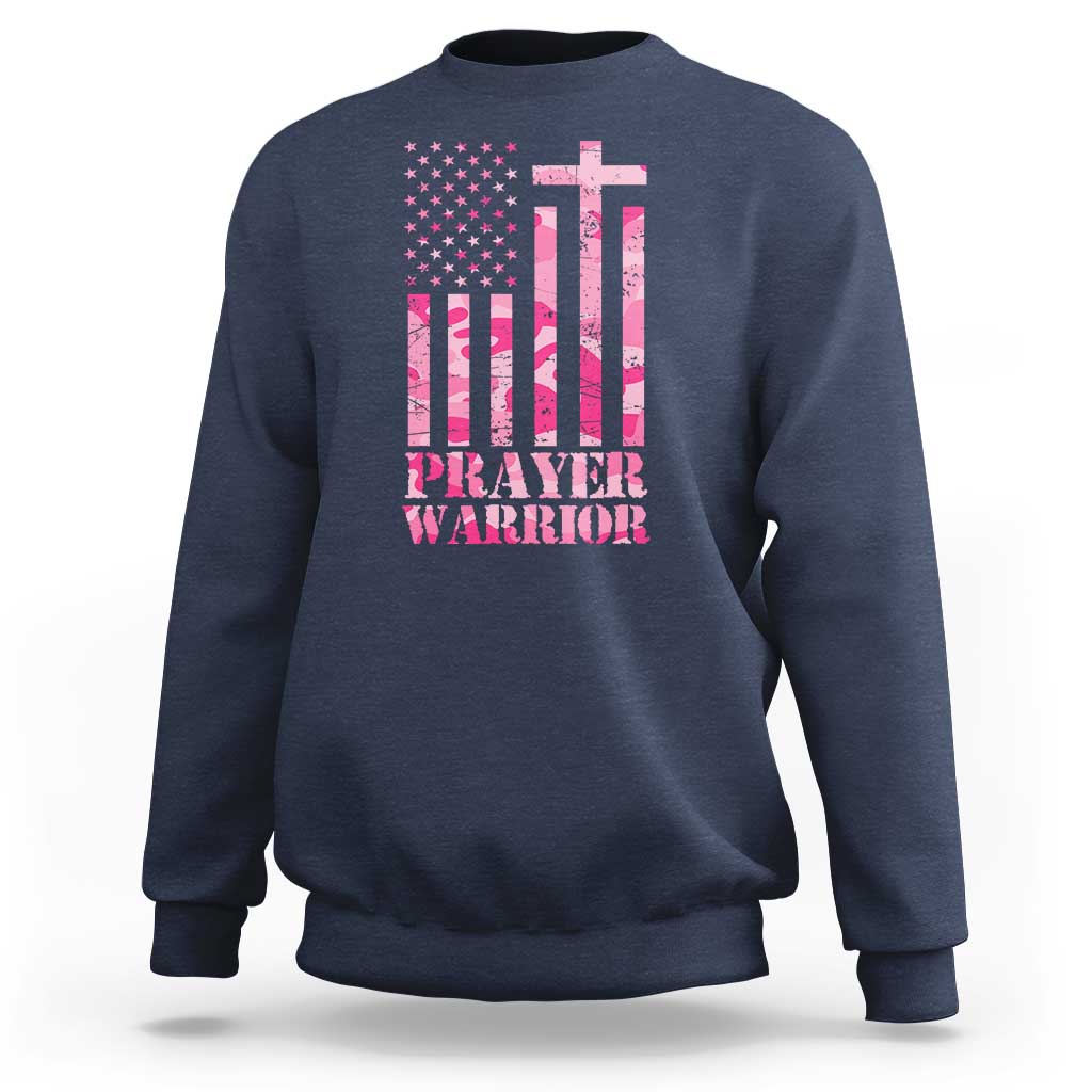 Navy prayer warrior sweatshirt with American flag graphic, cross, and 'PRAYER WARRIOR' text.