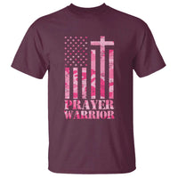 Men's maroon T-shirt with pink cross and American flag 'PRAYER WARRIOR' print