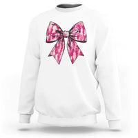 Girl's camouflage bow sweatshirt in white with pink camouflage bow graphic at chest