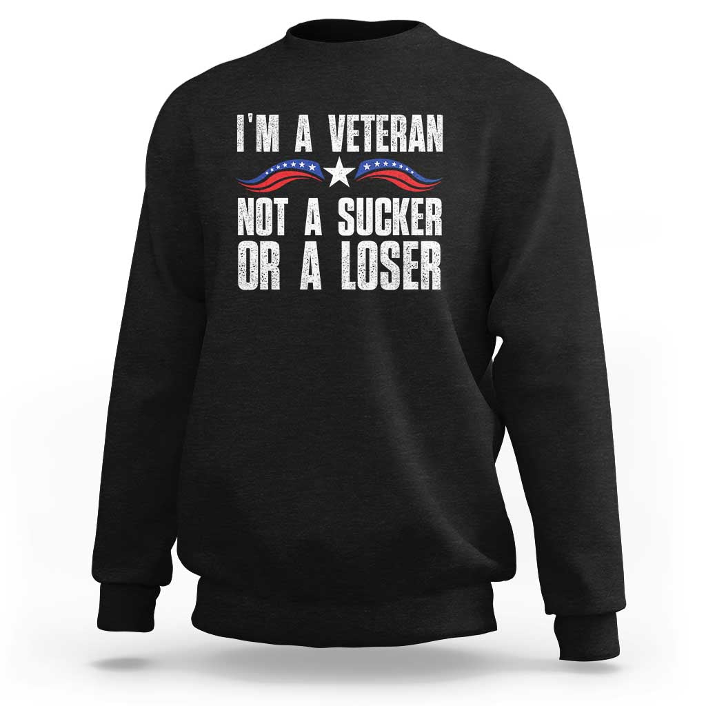 Black sweatshirt with “I’m a Veteran” slogan and patriotic star graphic on front