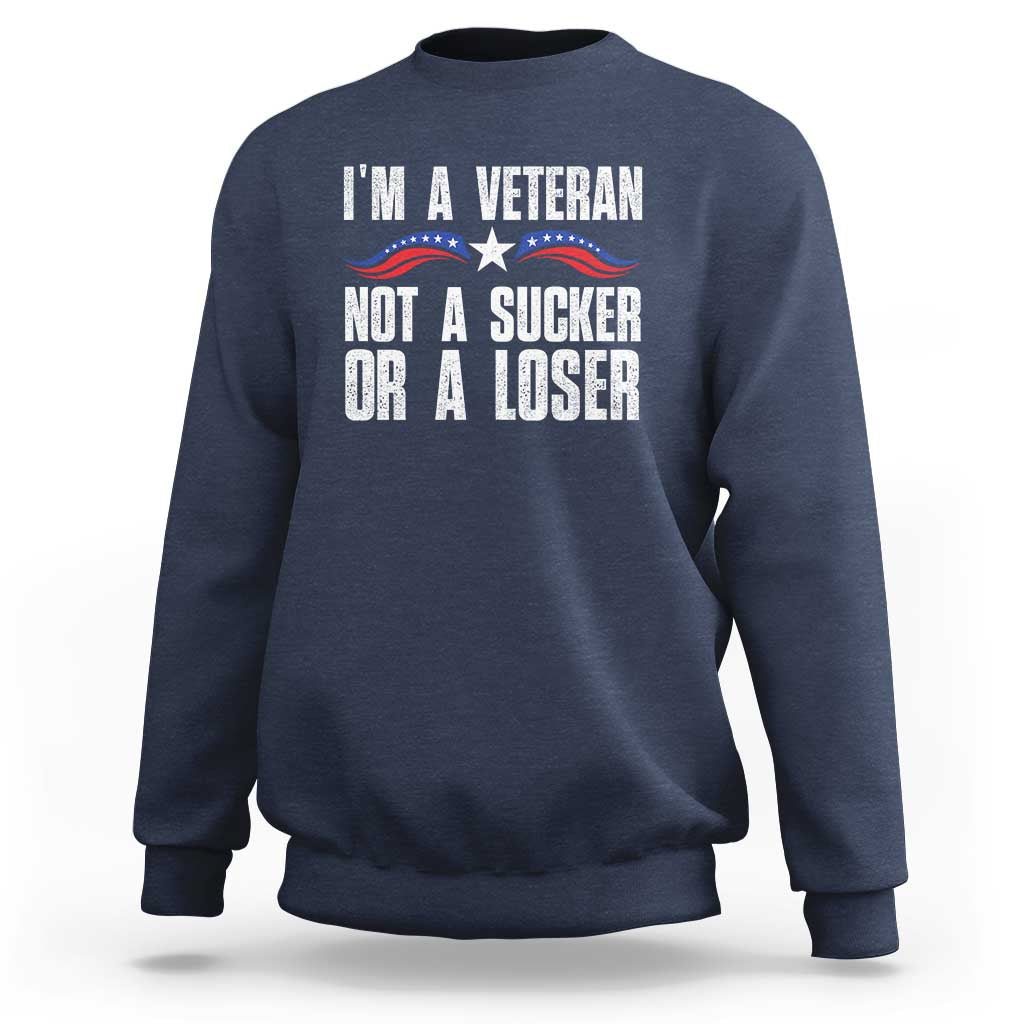 Navy sweatshirt with “I’m a Veteran” slogan and patriotic star graphic on front