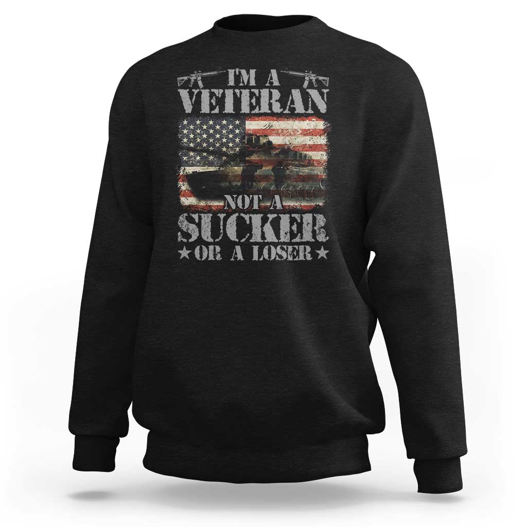 Black crewneck sweatshirt with distressed veteran slogan graphic on front