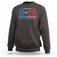Dark chocolate crewneck sweatshirt with DD-214 patriotic graphic on chest