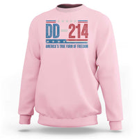 Light pink crewneck sweatshirt with DD-214 patriotic graphic on chest
