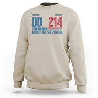 Sand beige crewneck sweatshirt with DD-214 patriotic graphic on chest