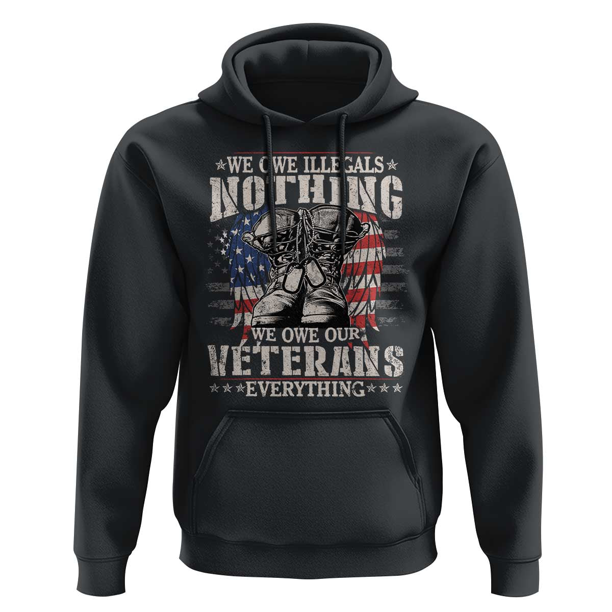 Black pullover hoodie with kangaroo pocket and drawstring hood, Veterans graphic on chest