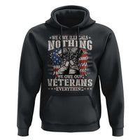 Black pullover hoodie with kangaroo pocket and drawstring hood, Veterans graphic on chest