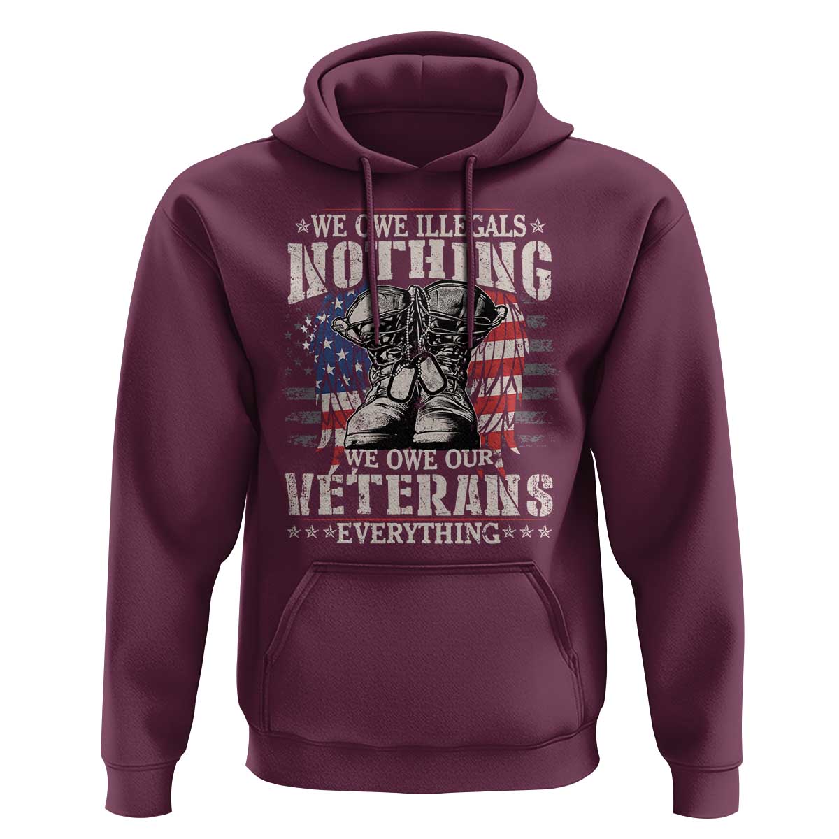 Maroon pullover hoodie with kangaroo pocket and drawstring hood, Veterans graphic on chest