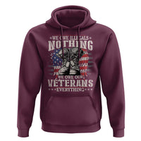 Maroon pullover hoodie with kangaroo pocket and drawstring hood, Veterans graphic on chest