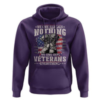 Purple pullover hoodie with kangaroo pocket and drawstring hood, Veterans graphic on chest