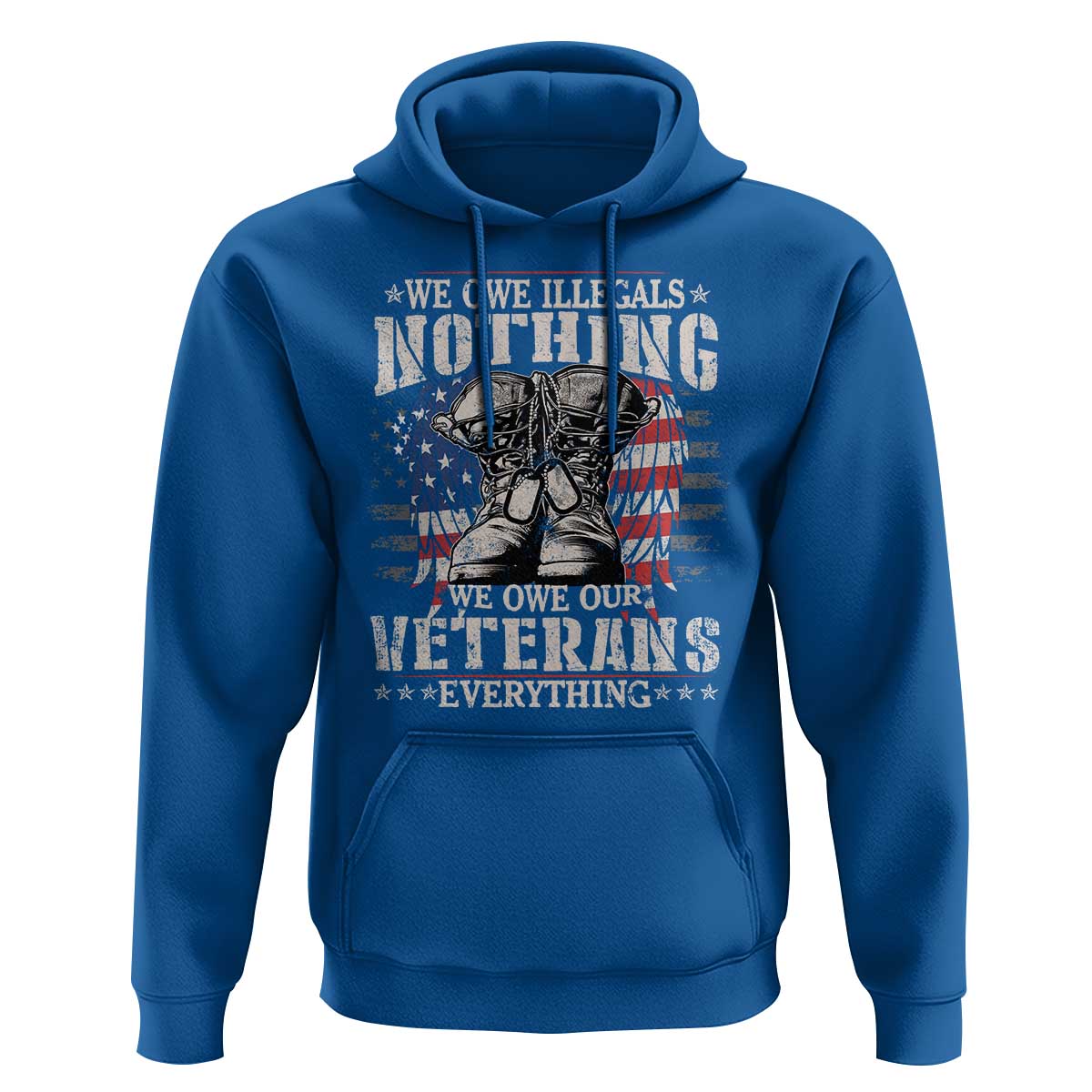 Royal blue pullover hoodie with kangaroo pocket and drawstring hood, Veterans graphic on chest