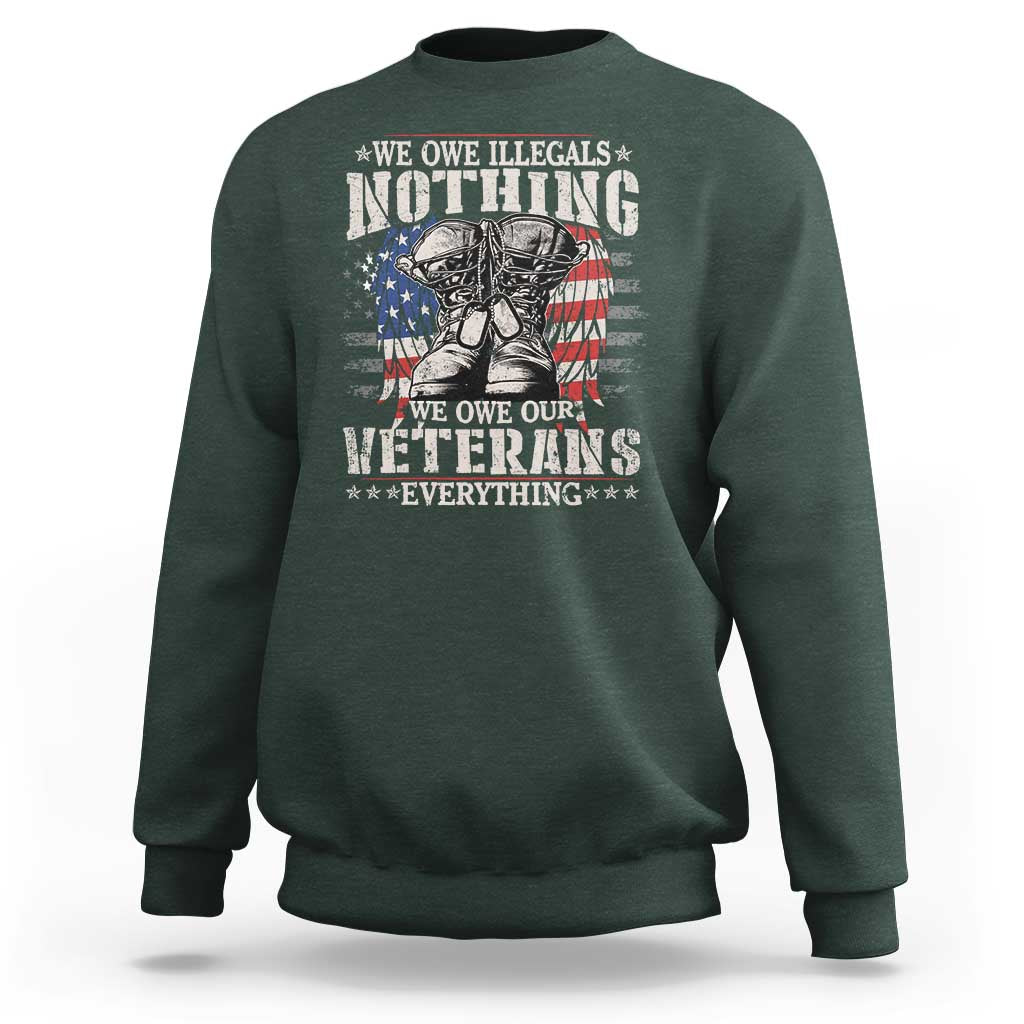 Veterans Day sweatshirt in dark forest green with patriotic veteran graphic print.