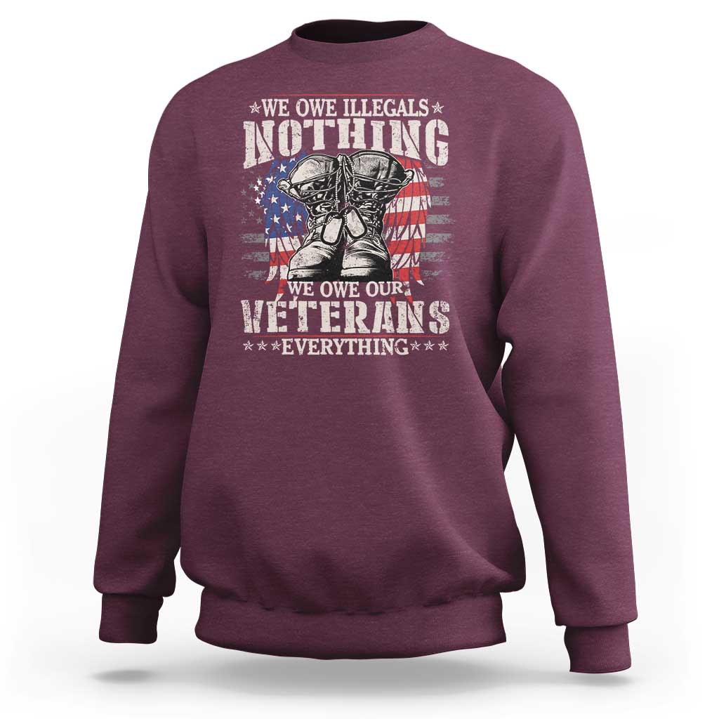 Veterans Day sweatshirt in maroon with patriotic veteran graphic print.