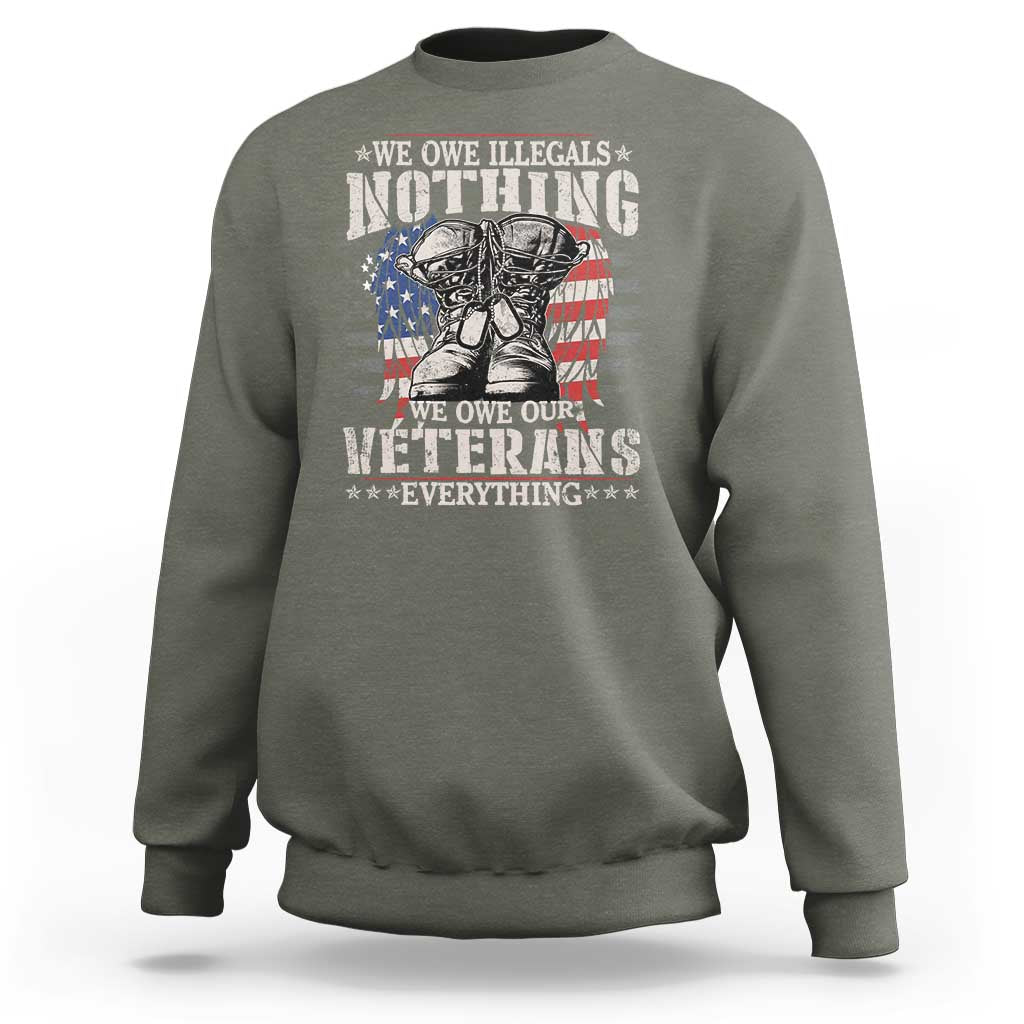 Veterans Day sweatshirt in military green with patriotic veteran graphic print.